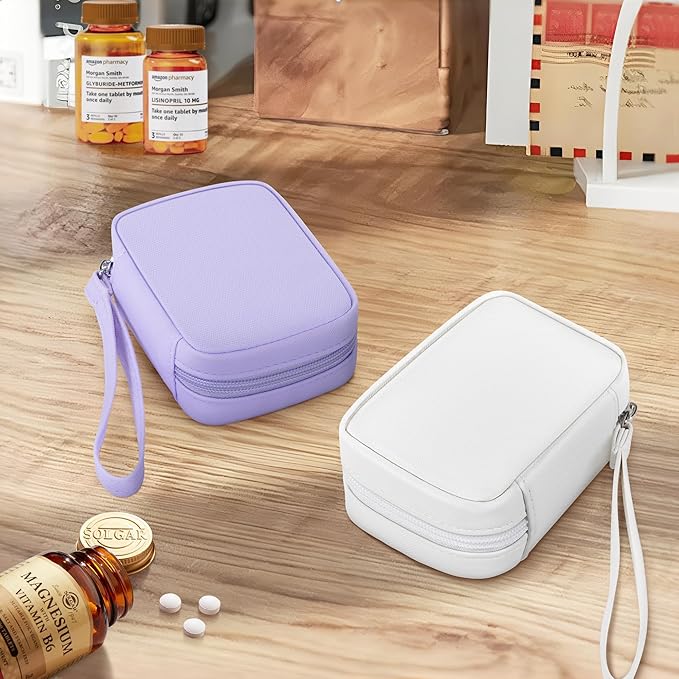 Zannaki Cute Pill Organizer for Purse with Two Removable 7-Day Pill Box, Travel PU Leather Pill Case, Portable Weekly Pill Container with Storage Bag to Hold Vitamins, Fish Oils, Supplements (White)