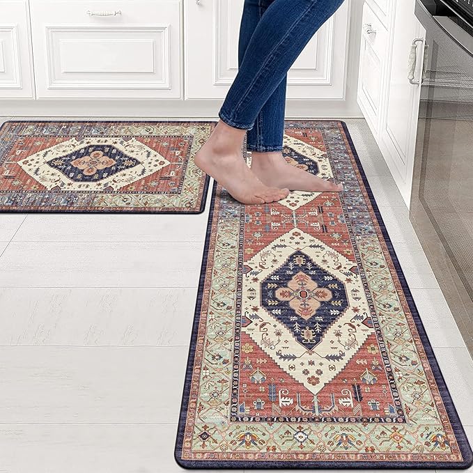 Pauwer Anti Fatigue Kitchen Mats for Floor 2 Piece Set, Cushioned Memory Foam Kitchen Rug, Non Slip Kitchen Runner Rug Carpet, Waterproof Kitchen Sink Area Rug Comfort Standing Mat for Kitchen Laundry