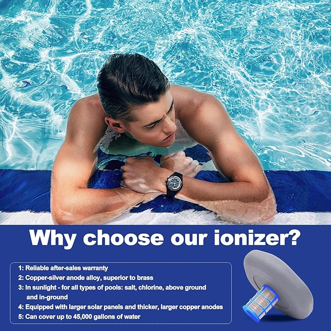 Solar Pool Ionizer - Floating Pool Cleaner for Swimming Pools Up to 45,000 Gallons for Large Pool, Big Solar Panel & Durable Copper Anode, Clear Water with Minimal Effort