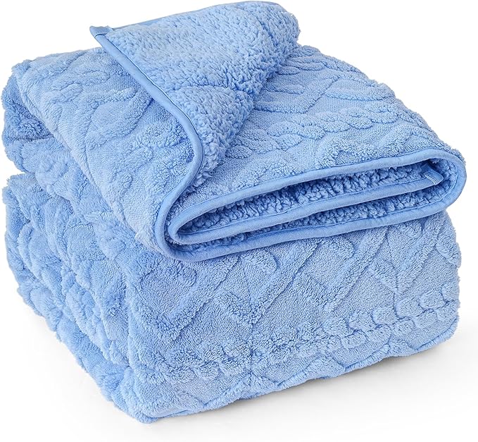 Wemore Weighted Blanket for Adults Queen Size 15 lbs, Dual Sided Soft Fuzzy Jacquard Sherpa Weighted Blankets Throw, Cozy Fluffy Knitted Heavy Blanket for Couch Bed, Blue, 60 x 80 inches