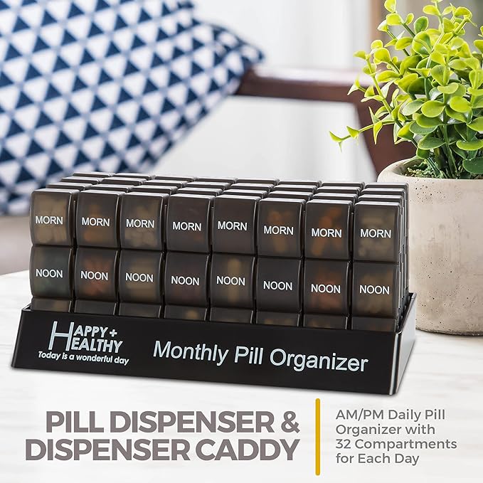 Month Pill Box Organizer - 32 Compartments | Morning-Noon-Night - 30 Day Pill Case with 32 Daily Compartments for Vitamins, Supplements, Medication - Travel Monthly Pill Organizer 3 Times-a-Day, Black