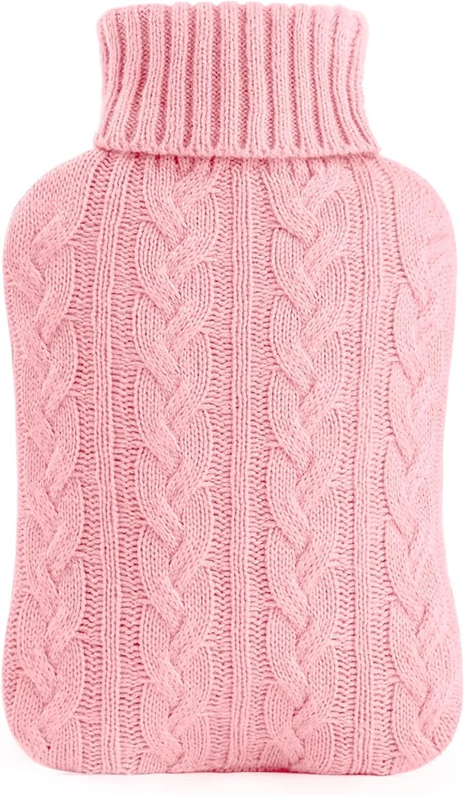 samply Hot Water Bottle with Knitted Cover, 2L Hot Water Bag for Hot and Cold Compress, Hand Feet Warmer, Ideal for Menstrual Cramps, Neck and Shoulder Pain Relief, Pink