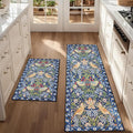 Blue Kitchen Rug Sets of 2, Vintage Floral Kitchen Mats for Floor Non Slip, Washable Cushioned Boho Bird Runner Rug for Kitchen Floor Laundry Desk Sink 17”x30“+17''x47''