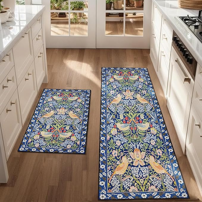 Blue Kitchen Rug Sets of 2, Vintage Floral Kitchen Mats for Floor Non Slip, Washable Cushioned Boho Bird Runner Rug for Kitchen Floor Laundry Desk Sink 17”x30“+17''x47''