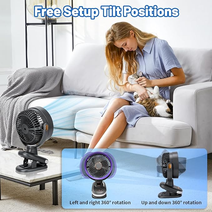 Portable Clip on Fan, Battery Operated Small Powerful USB Desk Fan with Night Light & LED Display Screen, Mini Table Fan, 360° Rotate Personal Fan for Home Office Stroller Camping (Gray)