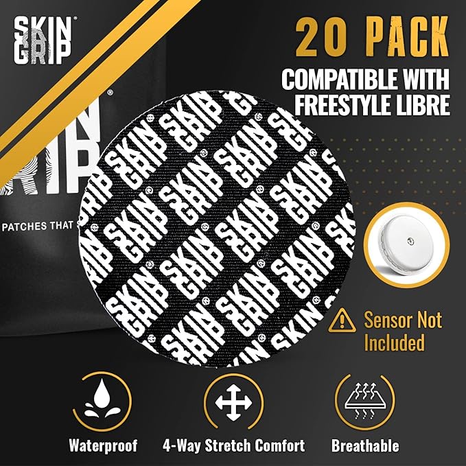 Skin Grip Freestyle Libre 2 Sensor Covers & Lingo CGM – Waterproof and Sweatproof Adhesive for 10-15 Days, Pre-Cut Medical Tape, Continuous Glucose Monitor Patch – 20 Pack, Fearless Pack