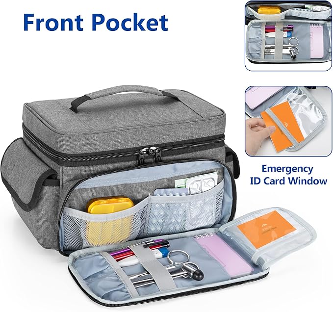 CURMIO Medicine Storage Bag Empty, Lockable Pill Bottle Organizer with Portable Zippered Pouches for First Aid Kits, Medicine Box for Home and Travel, Gray (Patent Pending)