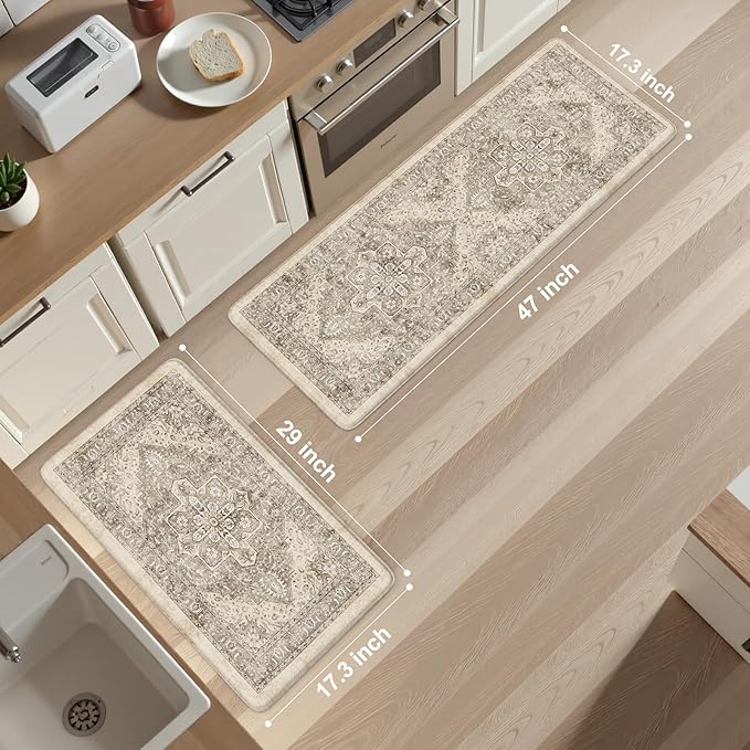 KIMODE Anti Fatigue Kitchen Mats 2 PCS 17"x47"+17"x29.5", Boho Kitchen Rugs and Mats, Non Slip Cushioned Kitchen Mats for Floor, Waterproof Kitchen Floor Mats for Laundry, Office, Sink, Khaki
