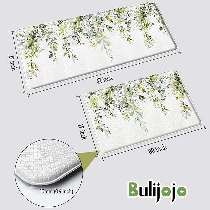 Bulijojo Green Eucalyptus Anti Fatigue Kitchen Floor Mats Set of 2 Waterproof Kitchen Sink Runner Rug Standing Mat Cushioned Kitchen Rugs Comfort Doormat 17"x47"+17" x30“