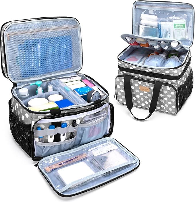 LUXJA 2 Layers Medicine Bag with Detachable Divider, Pill Bottle Organizer Suitable for Home or Travel Use, Gray Dots