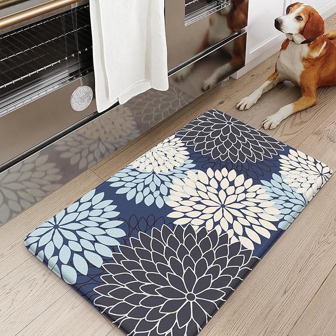 KIMODE Anti Fatigue Kitchen Mat 17.3"x29", Padded Dahlia Kitchen Floor Mats Non Slip, Waterproof Kitchen Mat for Floor, Farmhouse Comfort Standing Mat for Laundry, Office, Sink, Desk Mutil-Blue