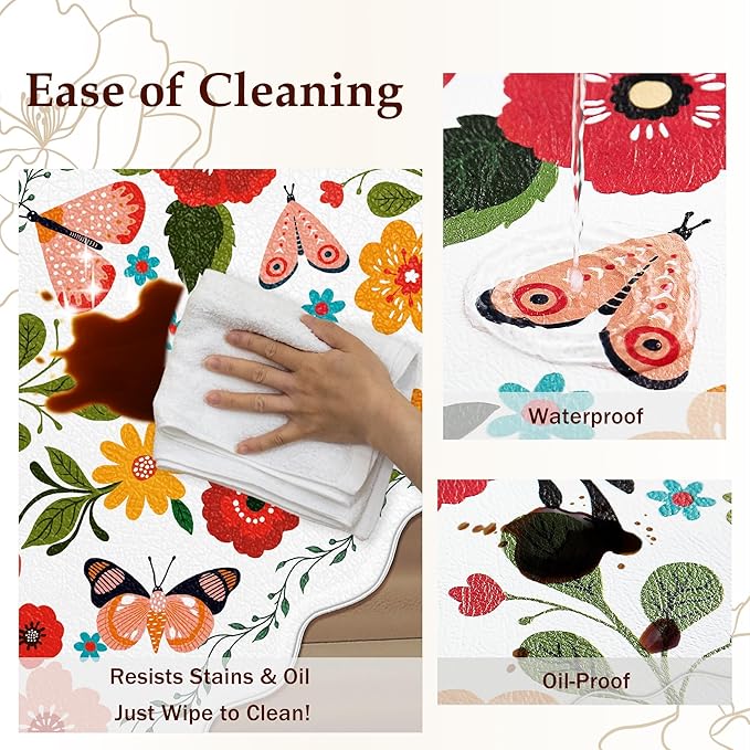 Scalloped Kitchen Mats for Floor 2PC Cushioned Anti Fatigue Kitchen Mats Rugs Waterproof Non Slip Boho Floral Comfort Foam Standing Mat for Sink Laundry, White,17.3x30+17.3x59