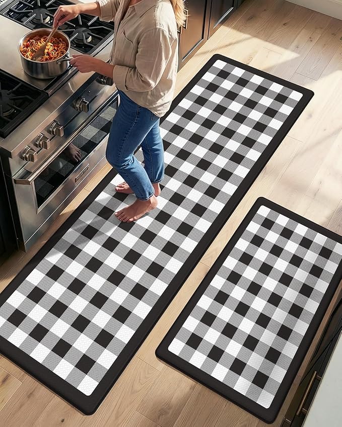 DEXI Kitchen Floor Mats Anti Fatigue, 20x29+20x59 Large Wide Cushioned Runner Rug Memory Foam, Waterproof Comfort Standing Padded Non Skid for Home Office Sink Laundry, Black and White Buffalo Plaid