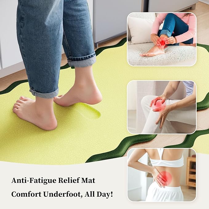 Scalloped Kitchen Mats Rugs Sets of 2 Cushioned Anti Fatigue Floor Mat Waterproof Kitchen Rugs Non Slip Foam Comfort Standing Mat for Sink Laundry, Green