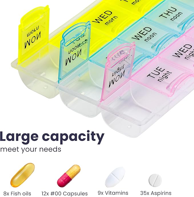 FMP Brands 1 Pack Pill Organizer 3 Times a Day, Weekly Medicine Organizer Pill Boxes, 7 Day Large Pill Holder Organizer Sorter Container Case, Morning Noon Night Pill 3 Times a Day Travel Pill Box