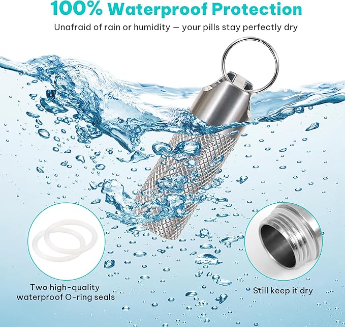 Small Titanium Pill Case Keychain - IPX7 100% Waterproof, Extreme Temp Resistant, Large Capacity, Double O-Ring Seal for Theaters & Travel (2PC)