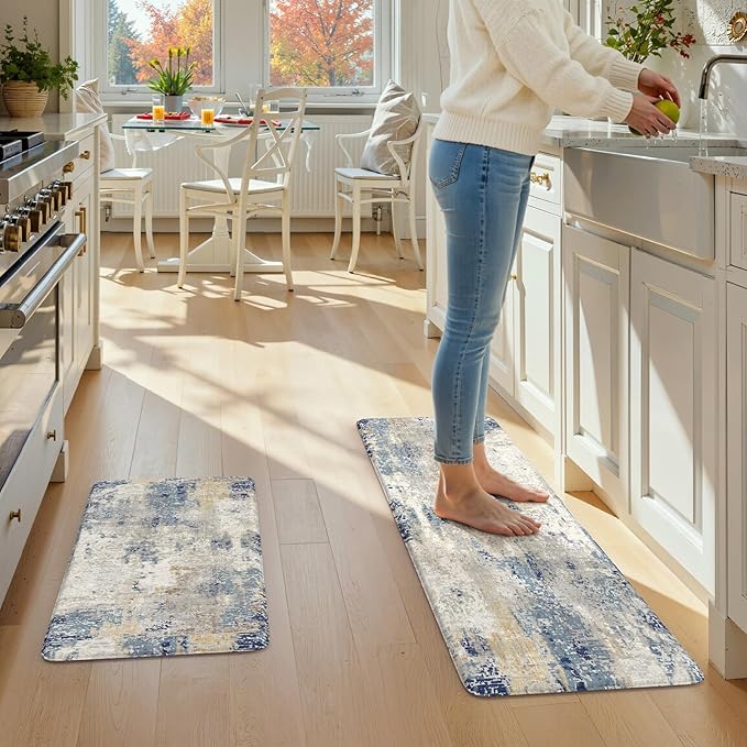 LEEVAN Kitchen Mats Cushioned Anti Fatigue Blue Set of 2,Non Slip Waterproof Kitchen Mats for Floor,Memory Foam Comfort Abstract Kitchen Floor Mat for Sink,Laundry,Home,Office,Desk(17"x29"+17"x47")