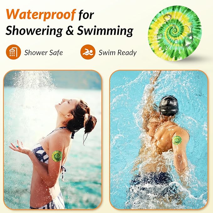 Libre 3 & Plus Sensor Covers Waterproof, Amolyfe 10 Pack Freestyle Libre 3 Sensor Covers, Bump-Proof with Hard Cap for Free Style Glucose Sensor, Easy-Peel Tab 14-Day Protection (Tiedye)