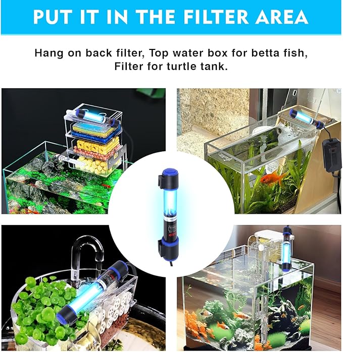 UV-C Aquarium Clean Light with Timer, Mini 3W 5W 7W 9W 11W Submersible Algae Clean Light Water Green Clean Fish Tank Water Clean Lamp for Sump Pond Filter Tank (7W Timer)
