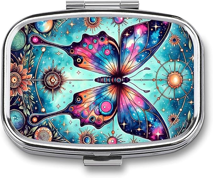 Metal 2 Compartment Pill Organizer Travel Friendly Portable Compact Pill Box Cute Pill Case,for Pocket Wallets Daily Portable Medicine Vitamin Tablet Storage (Butterfly)