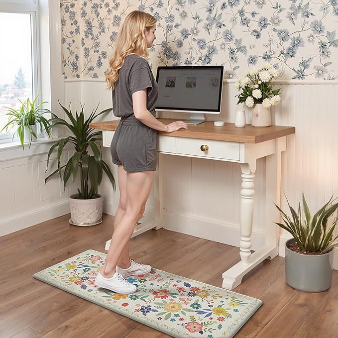 GENIMO Kitchen Mats for Floor 2PCS, Cushioned Kitchen Rugs Non Slip Washable, Farmhouse Anti Fatigue Mat Waterproof, Comfort Standing Mat Rug for Office, Home, Laundry, 17.3"x59"+17.3"x30", SoftWhite