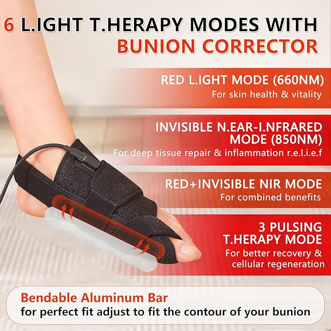 JOBYNA 2PCS in.frared L.Ight T.herapy Bunion Corrector for Women & Men, 660nm Red L.Ight & 850nm I.nfrared L.Ight Big Toe Straightener for Bunion P.a.i.n R.e.l.i.e.f, Adjustable Temperature & Time