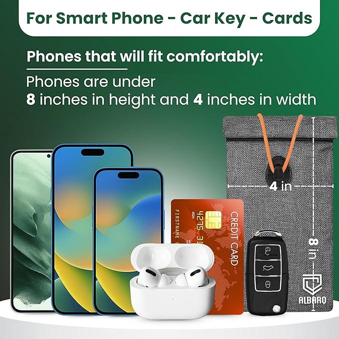 Premium Faraday Bags For Phone 8inx4in Fits All Smartphones Anti Shield Sleeve Pouch Cover Faraday Fabric EMF GPS Blocker Case Protection Car Key Fob Protector Rfid Signal data Blocking Call Gray