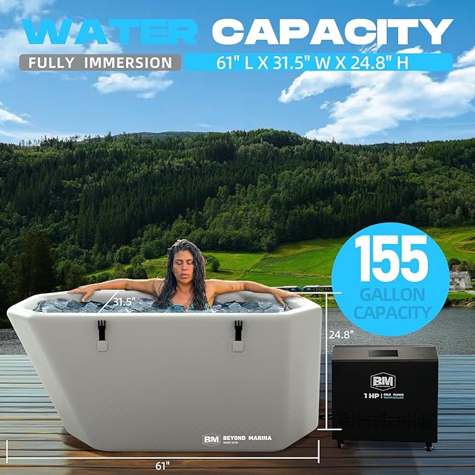 Inflatable Ice Bath Tub for Athletes - Slanted-Edge Cold Plunge Tub Compatible Water Chiller, Insulated Lid, EVA Groundsheet, Backpack, 155 Gallon, 61" L x 31.5" W x 24.8" H