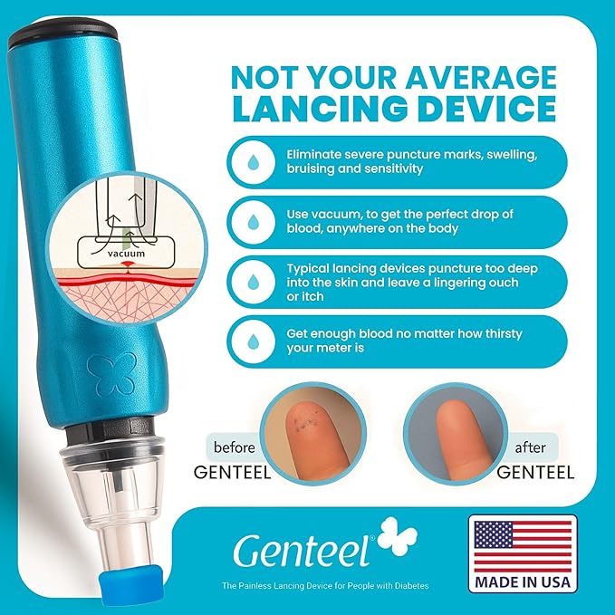 Genteel Lancing Device - Pain-Free Vacuum Lancing Device for Diabetes Testing - Blood Sugar, Glucose, Ketone, and DNA Home Tests (Butterfly Blue)