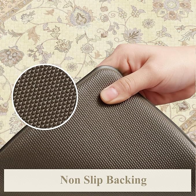 KIMODE Cushioned Padded Kitchen Mats for Floor,Anti Fatigue Memory Foam Kitchen Mat Waterproof,Boho Vintage Kitchen Rugs Sets of 2 Non Slip for Laundry Office Home Decor,Beige