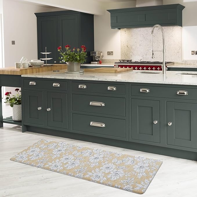 Laura Ashley - Anti-Fatigue Kitchen Mat, Iris Floral Design, Stain, Water & Fade Resistant, Cooking & Standing Relief, Non-Slip Backing, Measures 17.5" x 60", Tawny Yellow