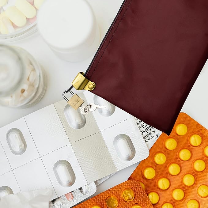 Medication Zipper Hood Security Bag with Included Padlock and Keys, Small Pill Bag, Travel Carry Pouch, Medicine Storage, 9 x 6 inches (Burgundy)