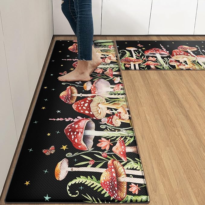 Arttown Black Anti-Fatigue Kitchen Rug Set of 2 Mushroom Floral Red Cushioned Floor Standing Mat Waterproof Non-Slip Mat and PVC Ergonomic Comfort Foam Rug