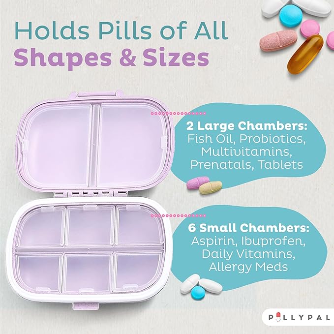 V2 Portable Travel Pill Organizer Holder with Stickers - 8 Slot Durable Compact Case to Organize Meds, Pills, Medicine, Prescriptions, Health Vitamins, Jewelry, Travel Essentials - Orange