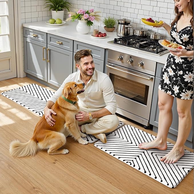 KIMODE Kitchen Mats Cushioned Anti Fatigue, Geometric Kitchen Rugs Sets of 2, Non Slip Waterproof Kitchen Floor Mats, Comfort Standing Mats for Laundry Office Sink Desk 17"x47"+17"x29" Black Diamond
