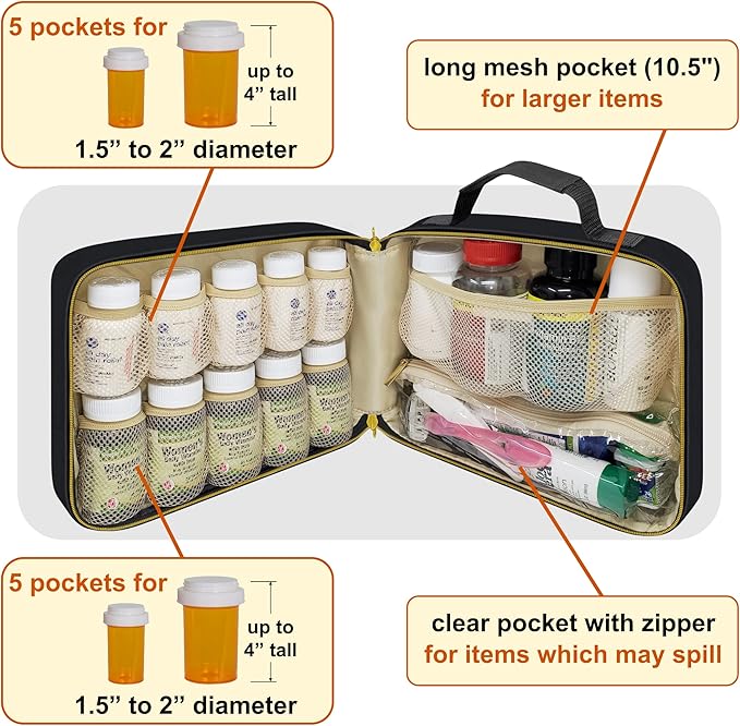Large Quilted Pill Bottle Organizer - 10 Pockets Soft Medicine Bag for Travel & Home Storage - Black