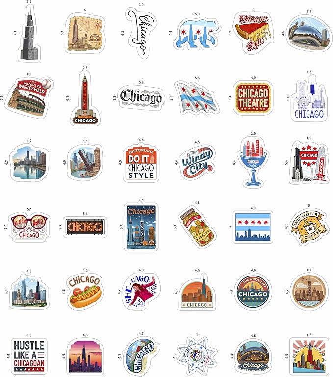 100Pcs Chicago Stickers and Decals for Luggage, Water Bottle - Chicago Gifts, Party Supplies - Travel USA Cities Stickers - Gift for Women & Men