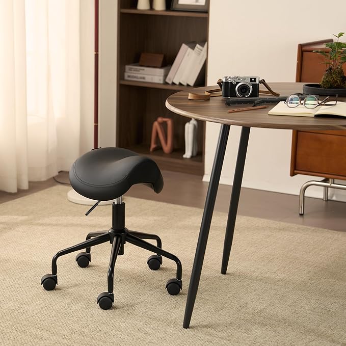 Adjustable Height Hydraulic Rolling Swivel Stool Chair with Metal Base and Faux Leather Cushion for Salon, Medical, Office and Home, 503 Kai Series - Saddle Seat, Black