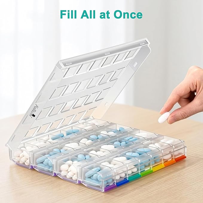 Fullicon Weekly Pill Organizer 4 Times a Day, Large Capacity Pill Case with Easy Fill, Medicine Organizer for Vitamin, Supplement & Pill, Great Gifts for Seniors (Clear Rainbow) - Patent Pending