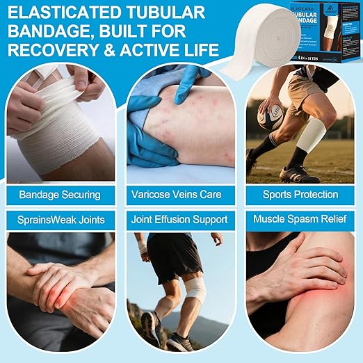 Latex-Free Elasticated Tubular Support Bandage with Stockinette Fabric, Breathable Tubular Compression Sleeve for Joint & Tissue Support on Arms, Knees, Legs (3.5" x 11 Yards) Size E
