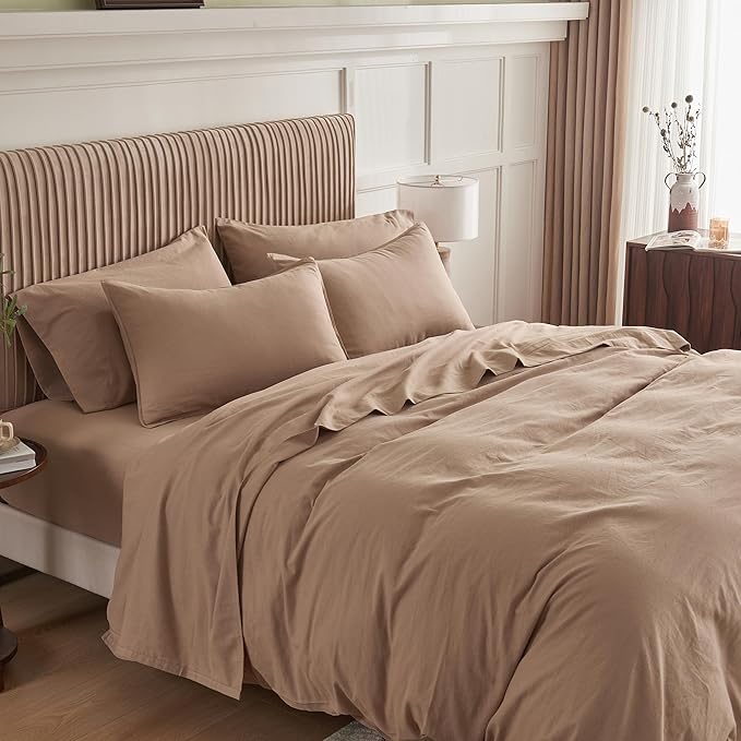 Simple&Opulence Belgian Linen Sheet Set Solid Color - 6 Pieces (1 Flat Sheet & 1 Fitted Sheet & 4 Pillowcases) 16" Deep Pocket Natural Flax Cotton Blended Soft Bedding - Clay, California King