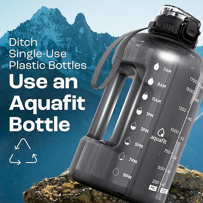 AQUAFIT Half Gallon Water Bottle with Time Marker - Straw & Chug Lid - BPA Free Gym Water Bottle with Straw - Big Gallon Jug (Midnight Gray, 64 oz - 2in1 Lid)