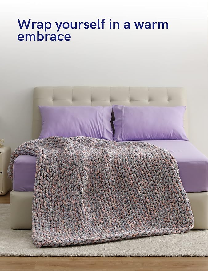 YnM Weighted Blanket, Handmade Chunky Knitted Design, Soft and Cozy, Temperature Regulating and Breathable, Machine Washable Throw for Sleep or Home Decor (Red Blue Fancy Yarn, 50x60 Inch, 10lbs)