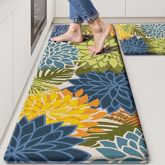 Kitchen Mats for Floor 2 Piece Cushioned Anti Fatigue Kitchen Mats Waterproof Non Slip Kitchen Mat Rug Set Comfort Foam Standing Mat for Sink, Laundry, Office, Yellow Green