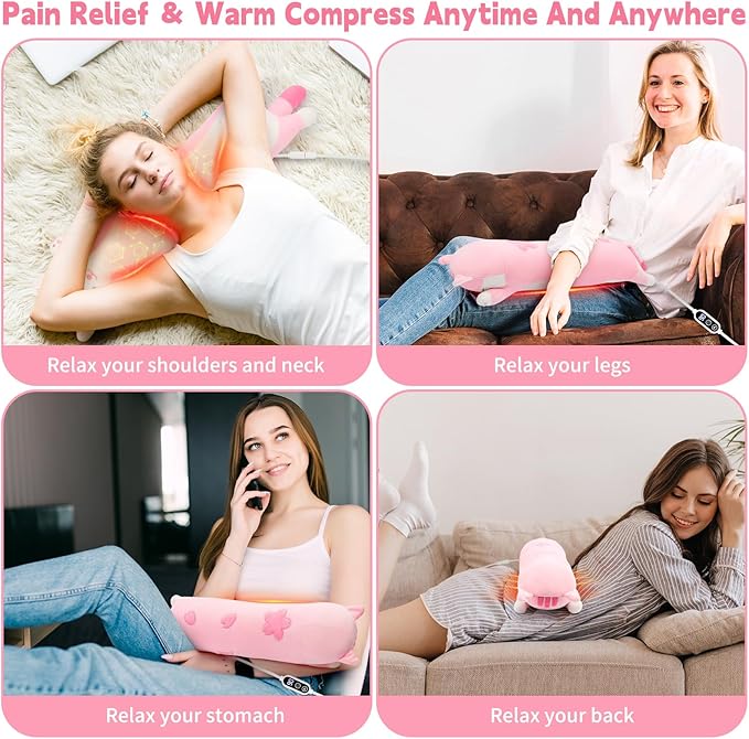Sakura Cat Heating Pad-USB Heated Plush Stuffed Animals for Period Cramps and Menstrual Pain Relief,22” Portable Electric Kitten Heating Pads,Built-Pocket Plush Girls Birthday Gifts,Pink