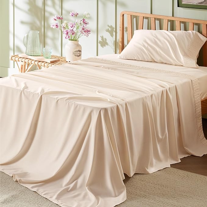 Bedsure Twin Sheets Set - 3 Pieces Soft Twin Bed Sheets - Breathable & Cooling - Hotel Luxury - Easy Care Polyester Microfiber Bedding for Women, Men, Light Beige