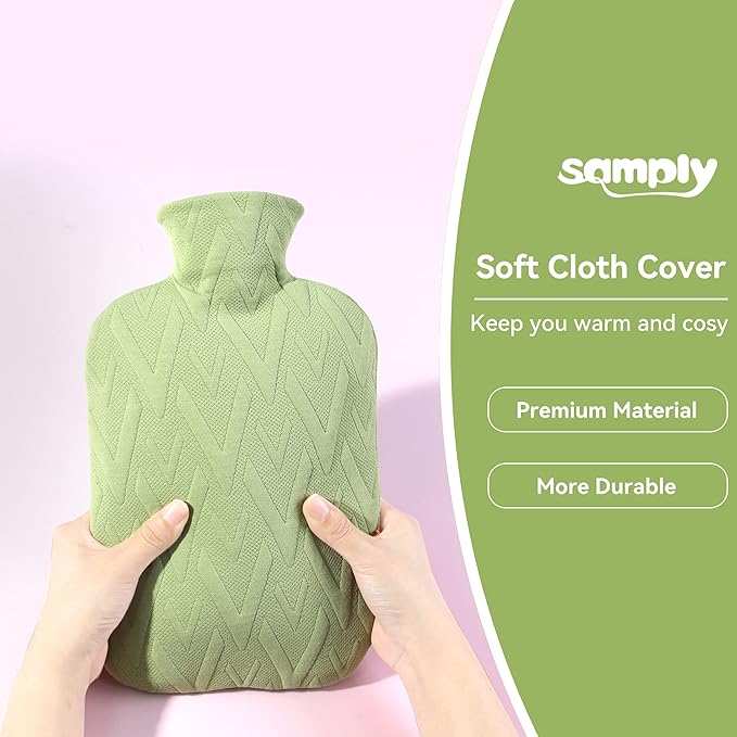 samply Hot Water Bottle with Cover, 2L Hot Water Bag for Hot and Cold Compress, Hand Feet Warmer, Neck and Shoulder Pain Relief, Light Green