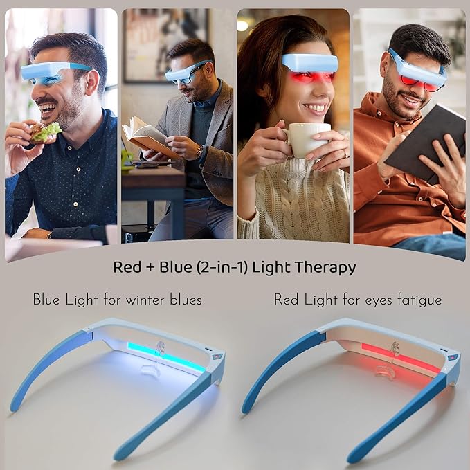 Red & Blue Light Therapy Glasses – 670nm Red Light for Eye Comfort & Visual Wellness, 480nm Blue Light for Energy, Mood & Sleep Support – Wearable Light Therapy Eyewear with Timer