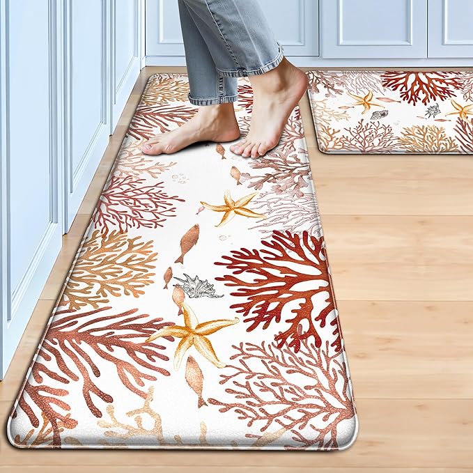 Kitchen Mats for Floor Cushioned Anti Fatigue Sets of 2 Coastal Kitchen Rugs Non Slip Waterproof Nautical Foam Kitchen Floor Rug Beach Theme Coral Fish Comfort Standing Mat for Sink Laundry, Red