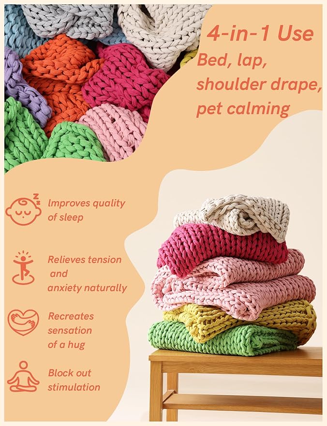 YnM Cooling Weighted Blanket, 100% Cotton Handmade Chunky Knitted Blanket, Weighted Lap, Breathable Heavy Blankets, Machine Washable Throw for Sleep or Home Decor (Cream, 35x40 Inch, 5lbs)